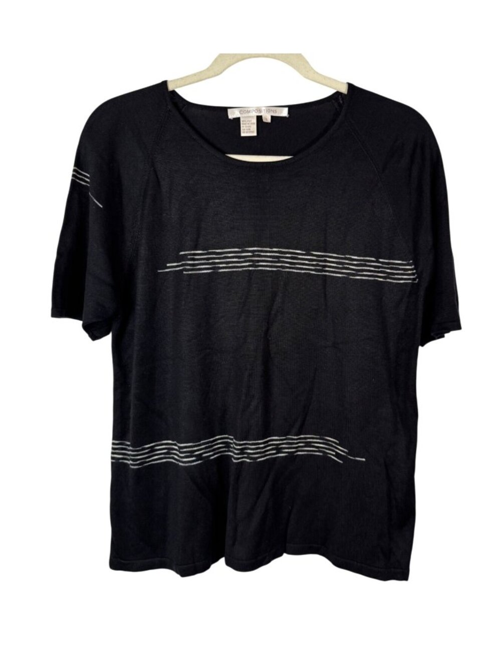 Compositions Large Black 100% Silk Striped Short Sleeve Top Minimalist Old Money